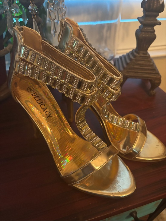 Delicacy Shoes - Delicacy Metallic Gold Crystal-Strap High Heels